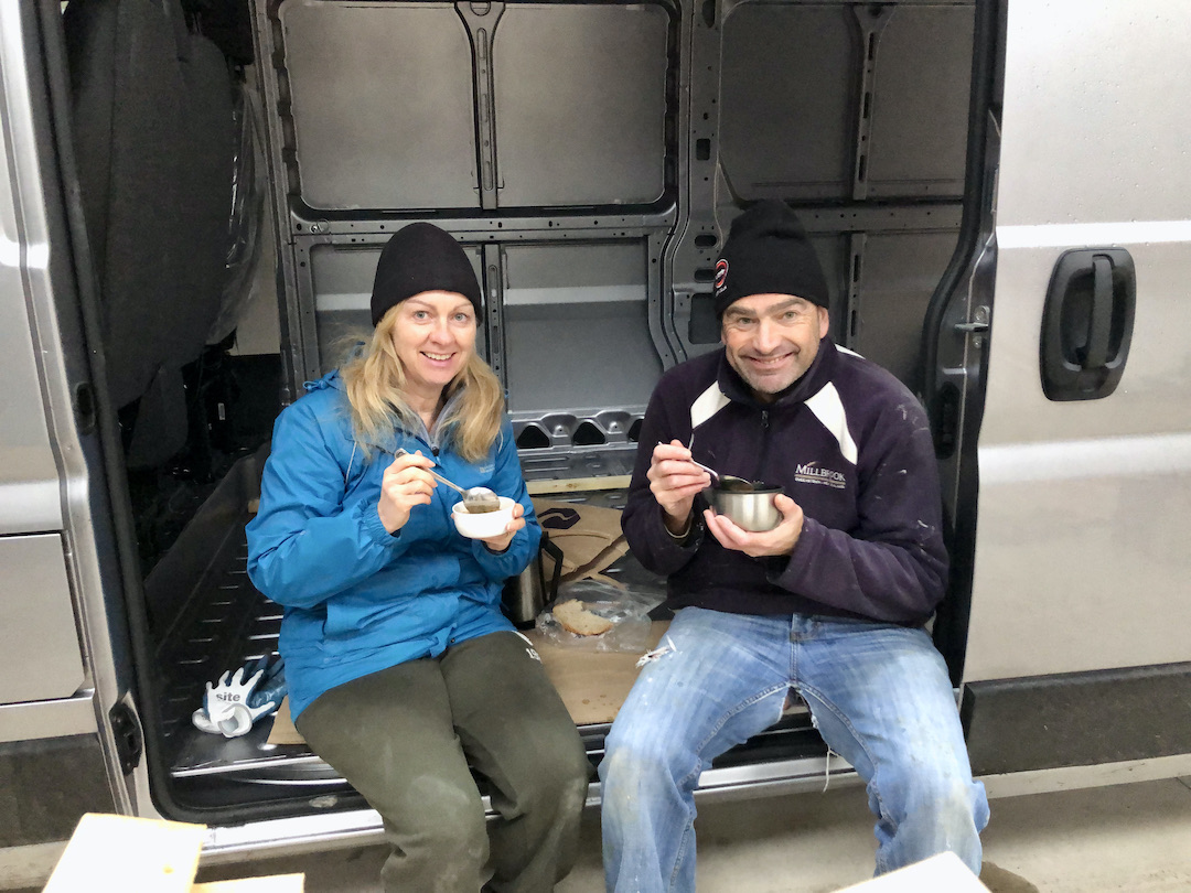 Sharon and Dave on Van Build Sharon and Dave Schindler sitting in Citroen Relay camper van