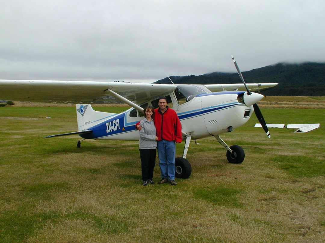 Going on a scenic flight over Fiordland in New Zealand Sharon and David Schindler with the Air Fiordland airplane