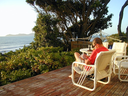 Dave writing the New Zealand travel diary