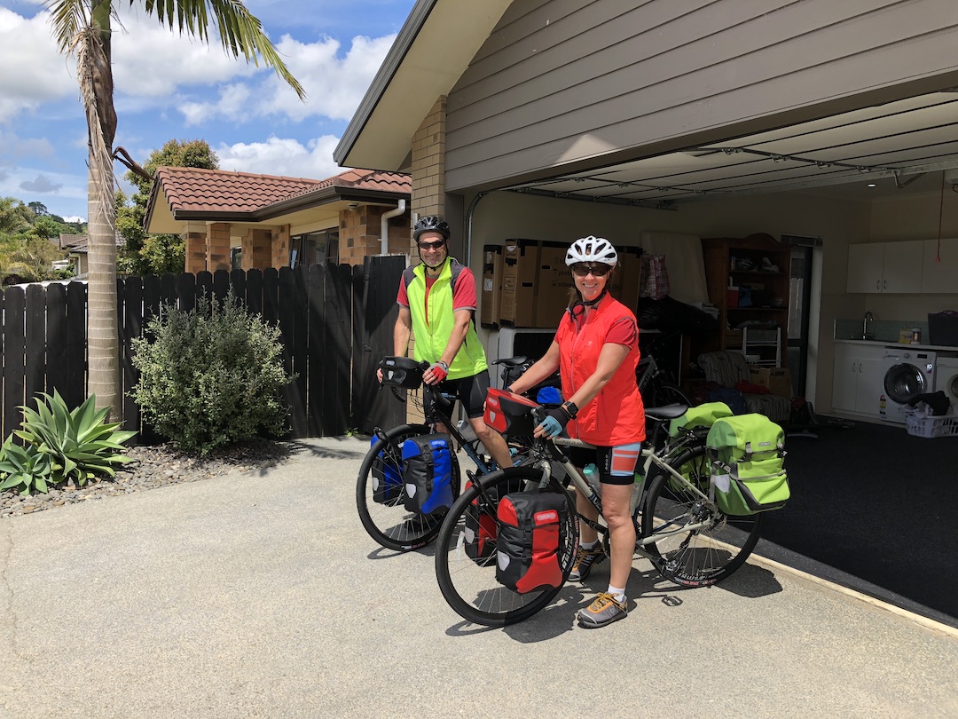 Day one of our first ever cycling tour David and Sharon Schindler with the their bikes ready to start day one of their first ever cycling tour