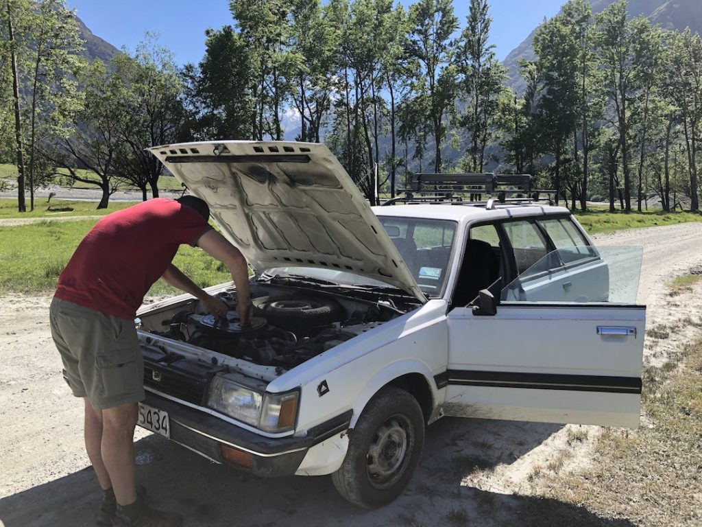The conked out Subaru after crossing the ford.