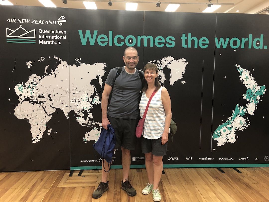 Queenstown International Marathon 2017 Schindlers on Tour in front of Queenstown International Marathon 2017 sign