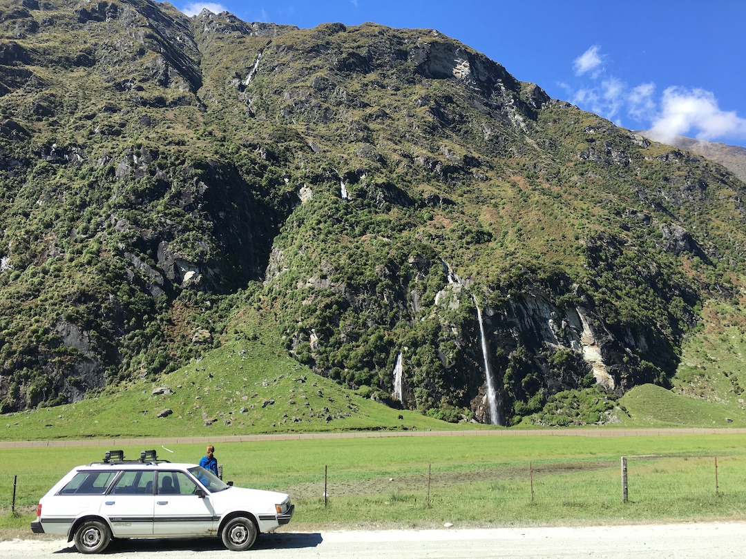 Subaru in the Matukituki Valley Subaru parked on gravel road in Matukituki Valley New Zealand